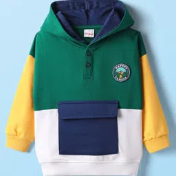 Babyhug Cotton Knit Full Drop Shoulder Sleeves Hooded Sweatshirt with Cut & Sew Design & Camper Graphics - Green Yellow & Navy Blue image 2