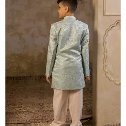 AJ Dezines Jacquard Woven Full Sleeves Floral Embroidered Sherwani With Pant Set - Sky Blue image 3