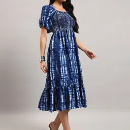 Krunal Raiyani Abstract Printed Square Neck Puff Sleeves Fit & Flare Tiered Midi Dress-picture-23