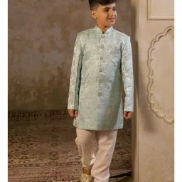 AJ Dezines Jacquard Woven Full Sleeves Floral Embroidered Sherwani With Pant Set - Sky Blue image 4