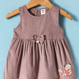 ToffyHouse 100% Cotton Knit Woven Full Sleeves Bear Printed T-Shirt & Frock with Patch & Bow Applique - Brown image 4