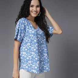 Zelena 100% Cotton Half Sleeves Floral Printed Top With Concealed Zipper For Nursing Access - Blue image 5