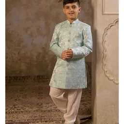 AJ Dezines Jacquard Woven Full Sleeves Floral Embroidered Sherwani With Pant Set - Sky Blue image 5