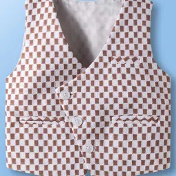 Mark & Mia Cotton Woven Full Sleeves Checks 3 Piece Party Suit With Bow - Brown & White image 5