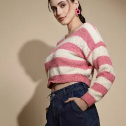 Global Republic Peach & White Acrylic Striped Pullover image 3