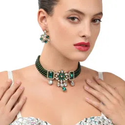 Zaveri Pearls Multistrand Green Beads & Stones Traditional Choker Necklace & Earring Set-ZPFK9966 image 3