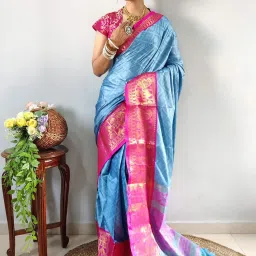APNISHA Blue & Pink Woven Saree With Unstitched Blouse image 3
