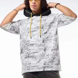 Bewakoof White & Black Relaxed Fit Printed Hooded T-Shirt-picture-38