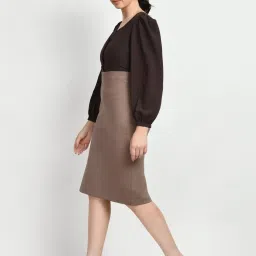 Exude Beige & Brown Plain Shift Dress image 3