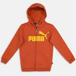 Puma Kids ESS FZ FL B Orange & Yellow Cotton Logo Full Sleeves Hoodie-image-4