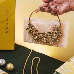 NR by Nidhi Rathi Beige Metal Embellished Clutch-picture-7