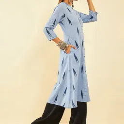 Soch Womens Blue Cotton Ikat Printed Straight Kurta With Sequins image 3