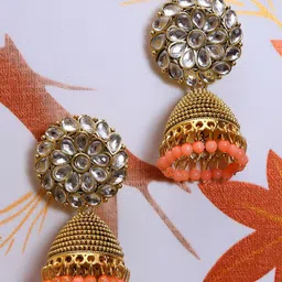 Crunchy Fashion Gold-Toned & White Dome Shaped Jhumkas-image-5