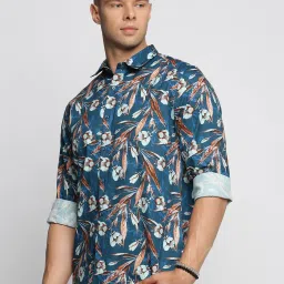 showoffff SHOWOFF Teal Cotton Slim Fit Printed Shirt image 3