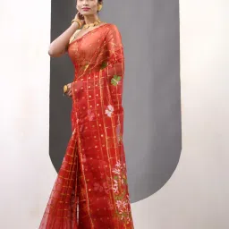 CHARUKRITI Women Red Silk Printed Saare with Unstitshed Blouse image 3