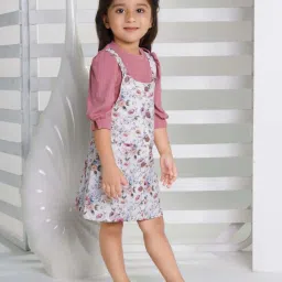 Peppermint Kids Pink & White Polyester Straight Fit 1 Top and 1 Dungaree image 3