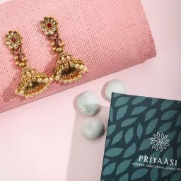 Priyaasi Red Kundan Beads Gold-Plated Floral Jhumki Earrings image 3