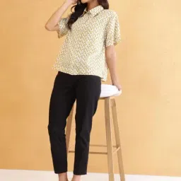 Fabindia Mustard Printed Spread Collar Elbow Sleeves Shirt image 5