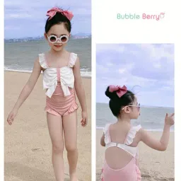 Bubble Berry Girls Peach Color Block Swimsuit-image-87