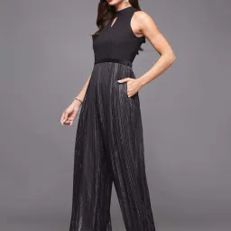 Miss Chase Black Halter Neck Sleeveless Striped Pleated Regular Length Georgette Jumpsuit image 3