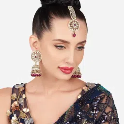 Zaveri Pearls Purple Beads Drop Dazzling Kundan Jhumki Earring & Maangtikka set-ZPFK16152-picture-47