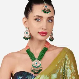 Zaveri Pearls Multicolour Multistrand Beaded Cluster Necklace Earring Maangtikka Ring Set-ZPFK16151-picture-46