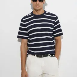 WES Casuals by Westside Navy Striped Relaxed-Fit Cotton T-Shirt-image-97