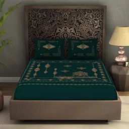 Spaces Rangana Digital Printed Green 300 TC Cotton Double Bedsheet with 2 Pillow Covers-image-100