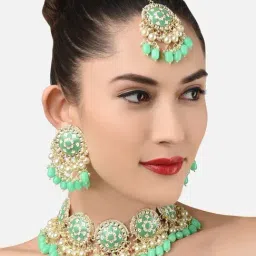 Zaveri Pearls Green Meenakari Traditional Choker Necklace Earring Maangtikka Set-ZPFK11606-image-16