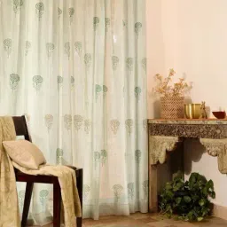 Peepul Tree Teal Green Pure Cotton Marigold Collection Sheer Curtains - Set of 2-image-8
