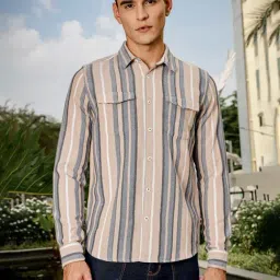 Thomas Scott Beige & Blue Cotton Slim Fit Striped Shirt-image-58