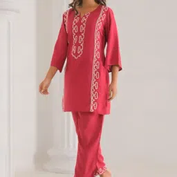 Autumnlane Red Kara Embroidered Comfort Fit Co-ord Set-image-27