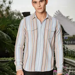 Thomas Scott Sky Blue Cotton Slim Fit Striped Shirt-picture-26