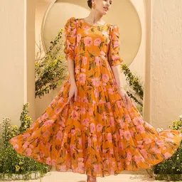 Antheaa Women Floral Printed Puff Sleeves Tiered Maxi Dress-picture-22