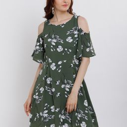 Tokyo Talkies Women Olive Green Printed Fit and Flare Dress-picture-13