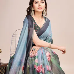 OFLINE SELECTION Floral Printed Zari Pure Linen Saree image 2
