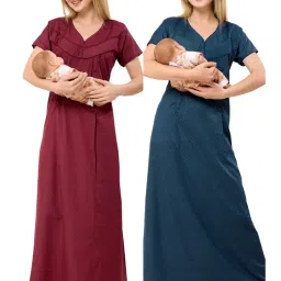 PIU Womens Cotton Pleated Feeding Nighty Multi-Color (Pack of 2)-image-40