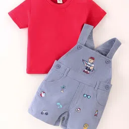 ToffyHouse Cotton Knit Bear Embroidered Dungaree & Half Sleeves Solid Color T-Shirt - Red & Grey-picture-26