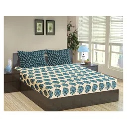 Trance Home Linen Soft Pure Cotton Double Queen Flat Bedsheet with 2 Pillow Cover- Damask & Dori Blue-image-34