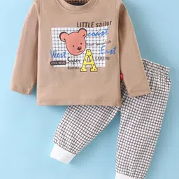 Mini Taurus Cotton Knit Full Sleeves T-Shirt & Checkered Lounge Pants Set With Teddy Print - Sand-picture-26