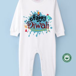 BLUSHES Diwali Theme 100% Cotton Full Sleeves Happy Diwali Text Printed Romper - White-picture-15
