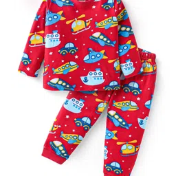 Babyhug Cotton Knit Full Sleeves Car Printed Night Suit - Red-image-47