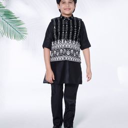 Ministitch Full Sleeves Solid Coordinating Kurta & Pant With Floral Embroidered & Sequins Embellished Jacket Set - Black-picture-8