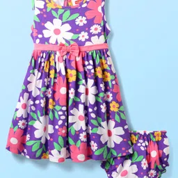 Babyhug Single Jersey Knit Sleeveless Frock & Bloomer with Floral Print & Bow Applique - Purple-picture-26