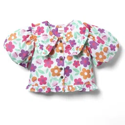 Babyhug Woven Half Puffed Sleeves Peter Pan Collared Top with Floral Print - White-picture-10
