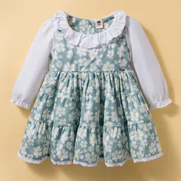 ToffyHouse Cotton Woven Full Sleeves Frock With Floral Print - Light Green-picture-10