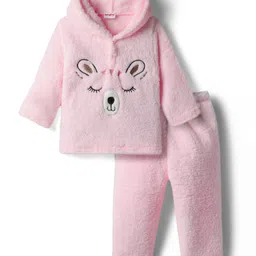 Babyhug Fur Full Sleeves Fur Hoodie Winter Set With Animal Embroidery - Pink-image-97
