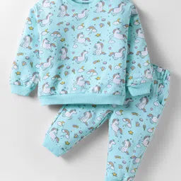 CUCUMBER Sinker Knit Full Sleeves Co-Ord Night Suit With Unicorn Print - Light Blue-picture-24