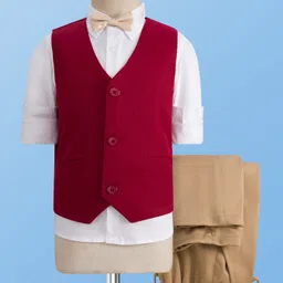 Pine Kids Knit Full Sleeves Three Piece Party Suit Set with Bow - Maroon White & Beige image 1