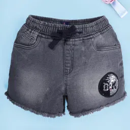 Kiddopanti Denim Woven Ok Text Shaped Reversible Sequins Embellished Mild Washed Shorts - Grey-picture-23